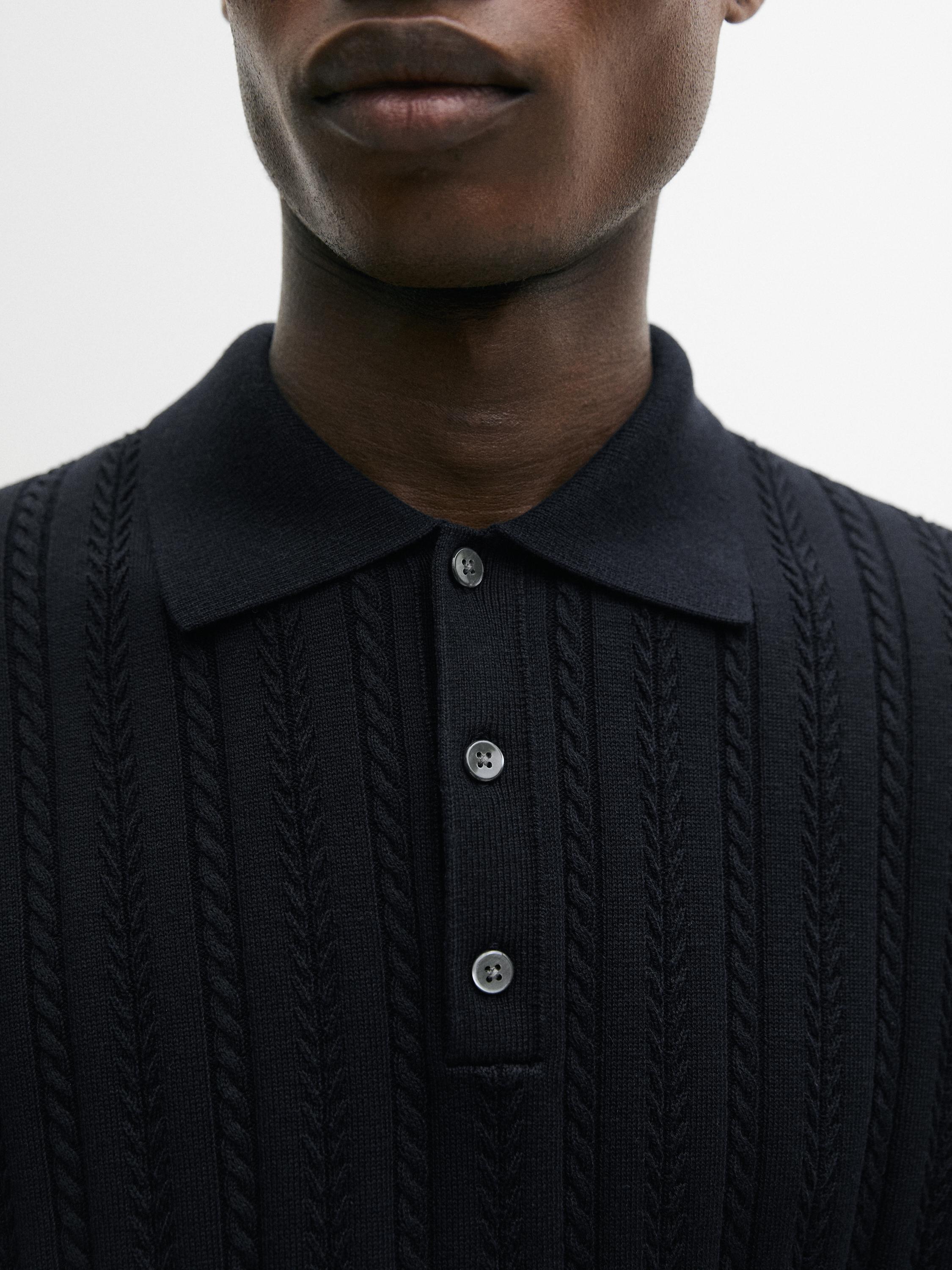 Pull polo en maille tressée de coton mélangé